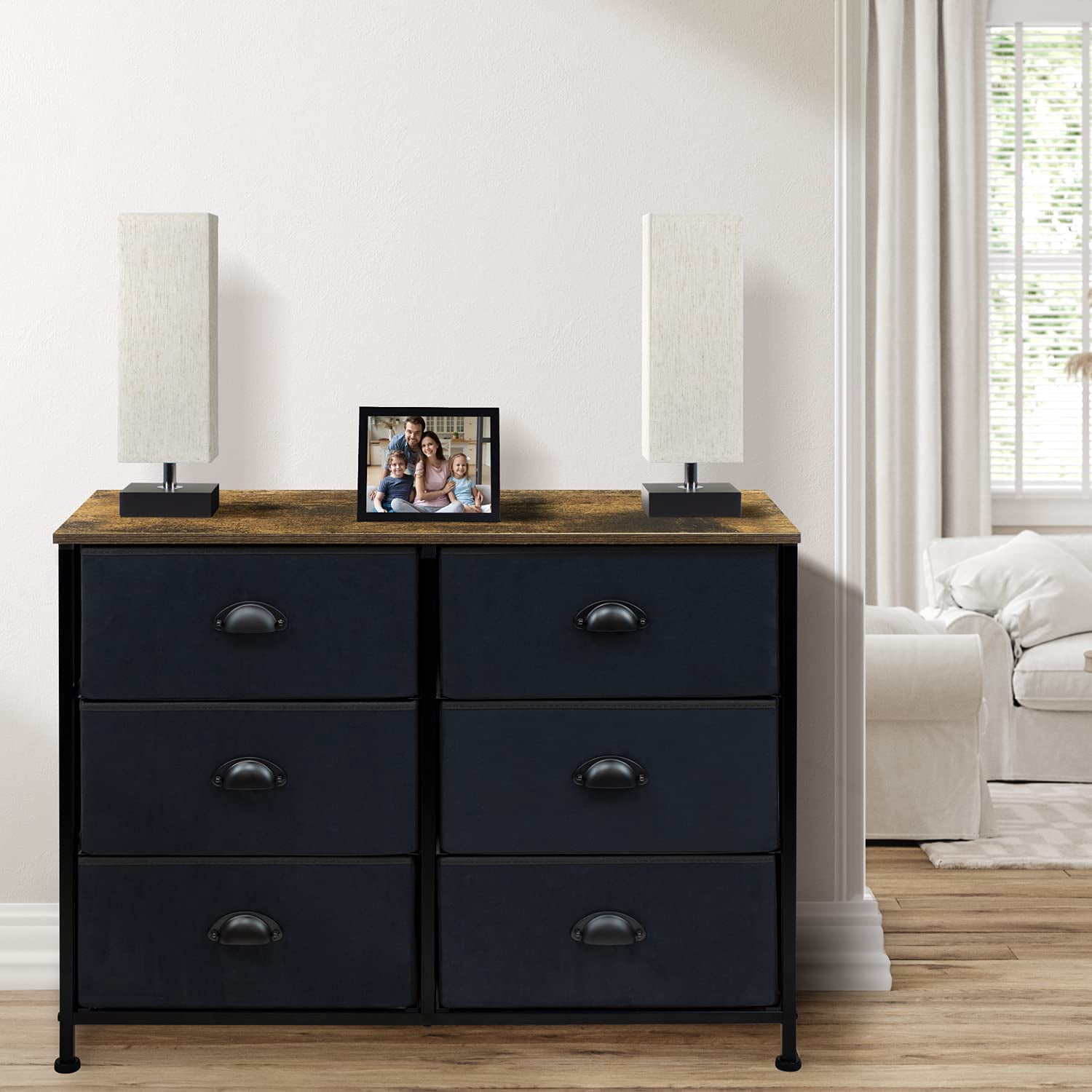 Sorbus Dresser with 6 Fabric Drawers - Bedroom Furniture Storage Chest Tower Unit for Bedroom, Hallway, Closet, Office Organization - Steel Frame, Rustic Wood Top, Easy Pull Fabric Bins