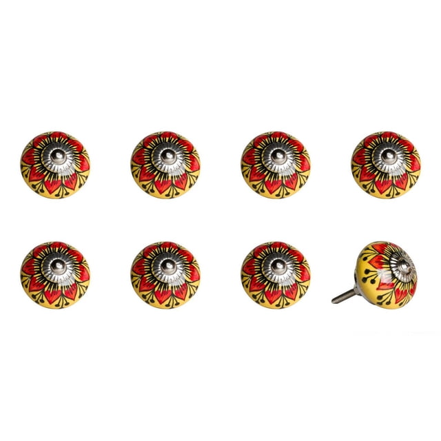 KNOB-IT vintage handpainted ceramic knobs 8 pack featuring round yellow knobs with red and black floral pattern and silver metal center, one knob shown side view with bolt. Suitable for cabinet hardware and drawer decoration.