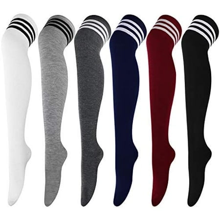DRESHOW 6 Paires de Bas Cuisse Hauts Rayés au-Dessus du Genou Collants Fins Bas Longs pour Femmes Chauffe-Jambes