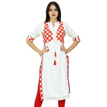 Bimba Women Designer Cotton Kurta Straight White Kurti With Attached Jacket Ethnic Indian Clothing