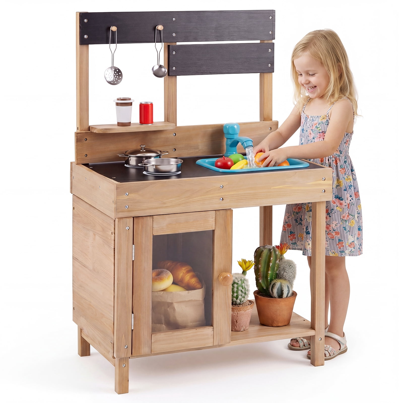Gymax Outdoor Mud Kitchen for Kids Wooden Play Pretend Kitchen w/Stoves Sink Faucet