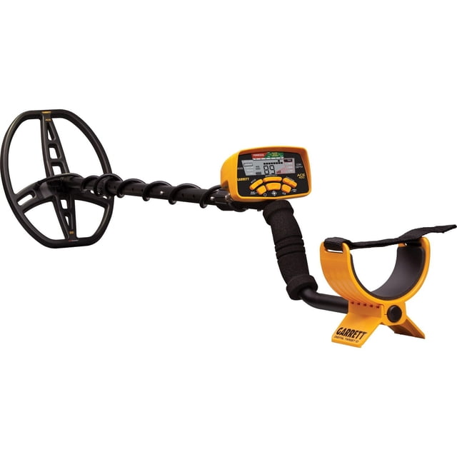 Garrett ACE 400i Hand Held Metal Detector with Headphones - Yellow & Black front-facing handheld detector with 8.5”x11” PROformance DD searchcoil, iron audio and digital target ID (0–99); yellow-and-black control housing on camlock stem, included Garrett ClearSound headphones and environmental/searchcoil covers; 10 kHz operating system with adjustable frequency. Suitable for recreational coin and relic hunting.