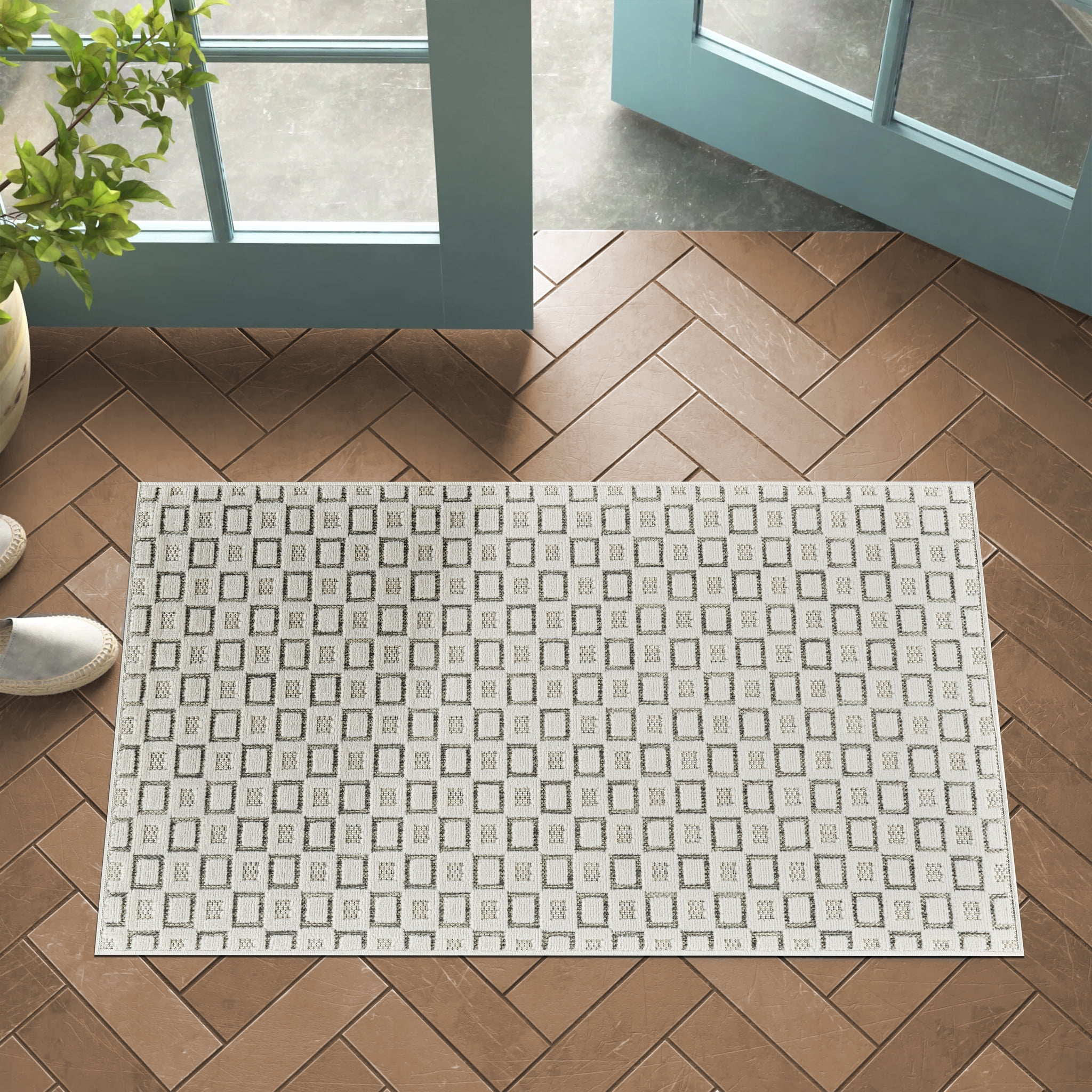 Tapis d'interieur exterieur abstrait Rug Branch Maise, beige creme, moderne - Entree, couloir, salle de bain et cuisine