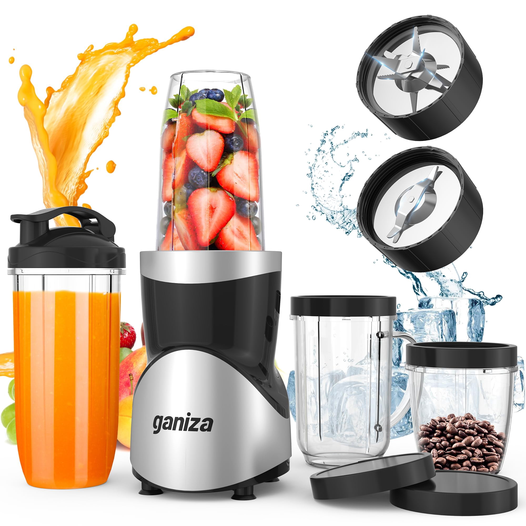 Ganiza Smoothie Blender, 900W Blenders for Shakes and Smoothies, 15-Piece Personal Blender and Grinder Combo for Kitchen, Smoothies Maker with 4 BPA-Free Portable Cup, N