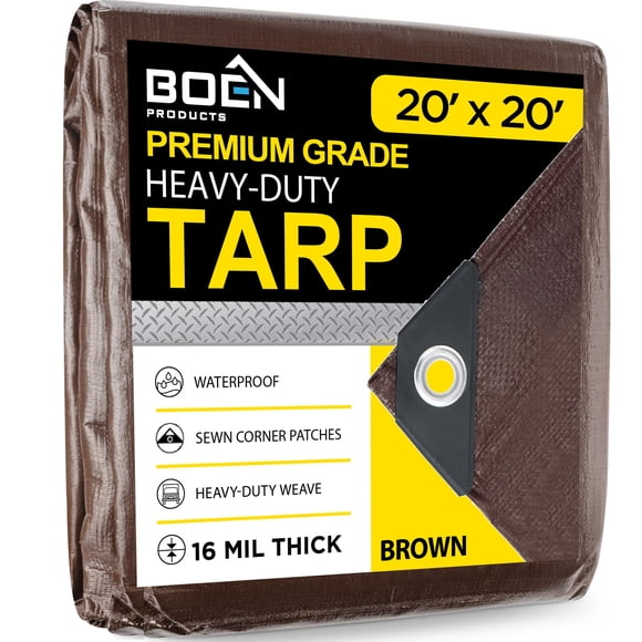 Ultra Heavy Duty Tarp Waterproof Large Cover | Brown 20' x 20' 16 Mil Thick | Rip Proof Tarps | Thick Weave Material UV Resistant Great for Tarpaulin Canopy Tent Boat RV or Pool Cover