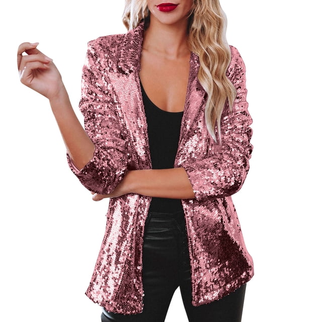 2025 Femmes Paillettes Paillettes Grande Taille Manteau Veste Décontractée Manches Longues Ouvert Manteau en Laine Paillettes Fête Brillant Revers Manteaux pour Femmes Manteau Mode Rave Vêtement d'Extérieur