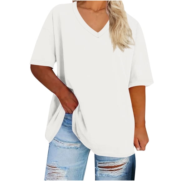 Womens Summer Oversized T-Shirts Plus Size Loose V Neck Basic Tee Shirts Short Sleeve Casual Y2k Tops White, XL