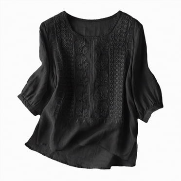 WUANDIXFA Vêtements d'Automne Mode pour Femmes Chemises en Lin pour Femmes Rétro Broderie Été Ample T-Shirts à Manches 3/4 Tuniques Hauts Blouses Décontractées Vêtements Boho Noir, TG