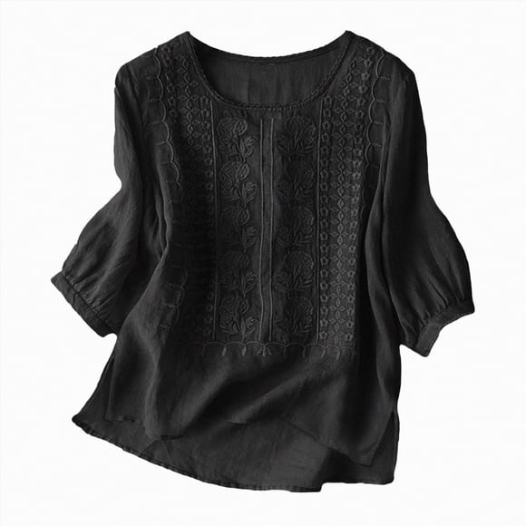 WUANDIXFA Womens Fashion Fall Clothes Linen Shirts for Women Retro Embroidery Summer Loose 3/4 Sleeve Tshirts Tunic Tops Casual Blouses Boho Clothes Black,XL