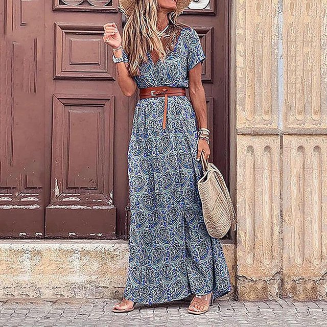 SMihono Robes Bohémiennes d'Été pour Femmes Grande Taille, Robe Décontractée Ample Imprimée à Manches Courtes Col en V avec Ceinture