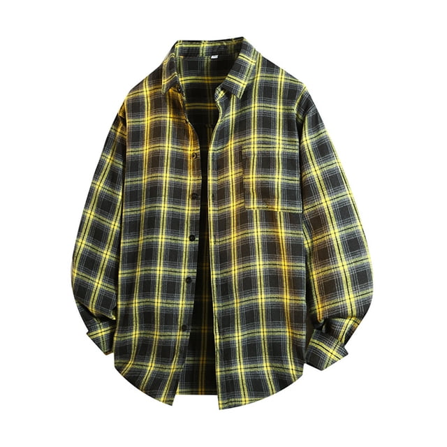MeetoTime Long Sleeve Checked Shirts for Men, a plaid printed button-down shirt jacket in black and yellow tones. Designed with a lapel collar, chest pocket, and loose fit, it is made from breathable, lightweight, stretchy thermal fabric. Ideal for casual wear or layering, this men's dress shirt is suitable for all seasons.