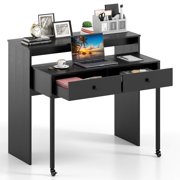 Costway 39.5" Expandable Rolling Computer Desk with Monitor Shelf 2-tier Desktop 2 Drawers Black