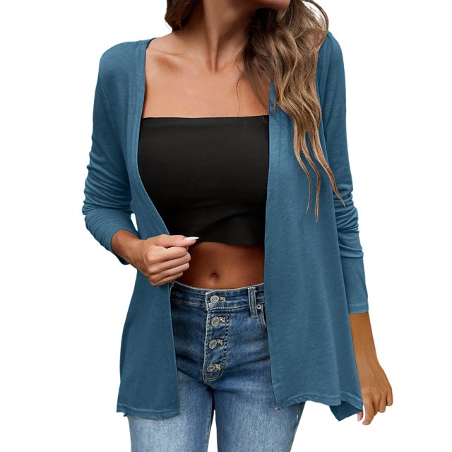 Cardigans Ouverts pour Femmes Légers à Manches Longues, Cardigan Décontracté Mince d'Automne, Ample, Drapé et Fluide, Bleu, G