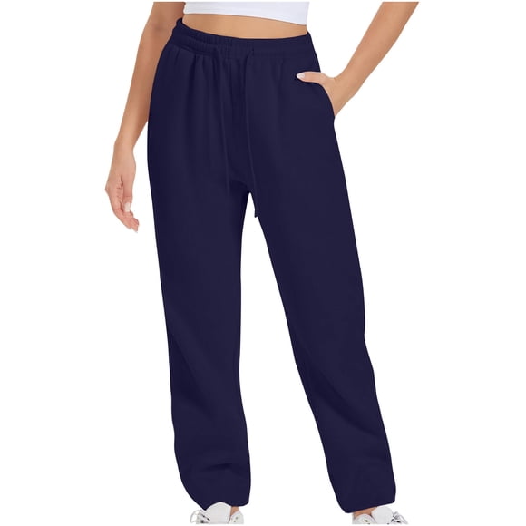 ZVAVZ Womens Sweatpants With Pockets,Women Drawstring Wide Straight Leg Pants Solid Comfy Pockets Palazzo Pants Fashion Athletic Joggers on Sale Navy L