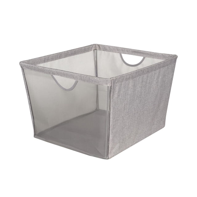 neatfreak! Large Storage Bin with Mesh Front in grey polyester fabric, shown at a 3/4 angle, featuring a rectangular wire frame with a mesh front panel for content visibility and solid fabric sides for discretion, equipped with handles on both ends for easy transport, ideal for closet organization and storing clothes or linens.