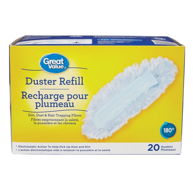 Great Value Duster Refill 180° box with 20 disposable duster refills featuring electrostatic fibres that trap dirt, dust, and hair, displayed with a white fluffy oval refill on a yellow and blue package, suitable for household cleaning tools and dusting supplies.