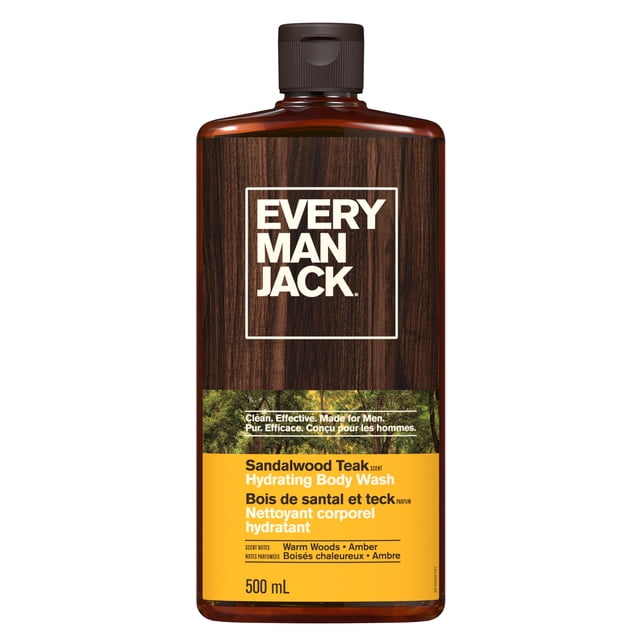 Every Man Jack Body Wash Sandalwood 500ml gentle sandalwood-scented body wash, 97.0% naturally derived and no animal testing, formulated for daily cleansing in the shower; often used as a shaving lather.