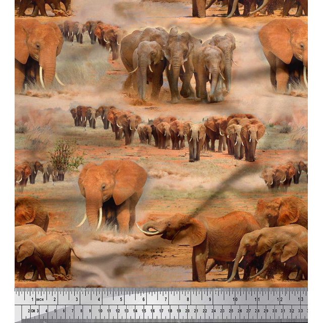 Soimoi Velvet Fabric tree & elephant Animal Printed Fabric 1 Yard 58 Inch Wide