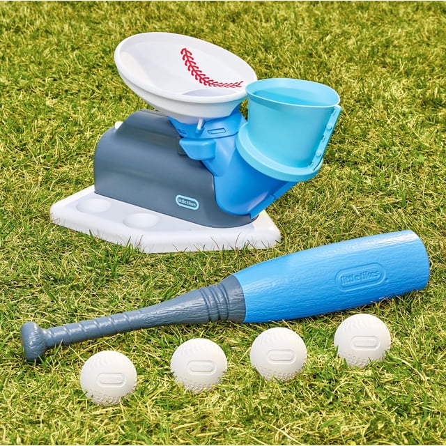 Little Tikes Entraîneur de Pitch 2-en-1 Pop 'n Pitch avec une machine de Lancer Automatisée Bleue et Blanche Comprenant un Plateau Escamotable Cousu pour le Baseball, une Batte en Plastique Bleue et Quatre Balles Pro-FoamTM Blanches sur Gazon Vert, Convient à l'Entraînement de Frappe Extérieur et au Développement des Habiletés.