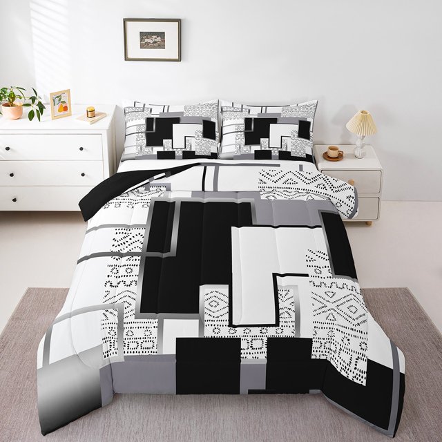 YST Geometric Aztec Bedding Sets Full Abstract Boho Aztec Check Comforter Setwestern Geometric Grids Down Comforter For Kids Teen Adults,Black White Grey Bed Set Modern Fashion Room Decor