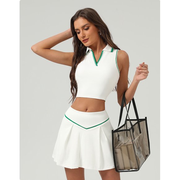 PISONIC 2 Piece Tennis Dress for Women Pleated Tennis Skirt Sleeveless Racerback Padded Crop Top Golf Workout Outfits