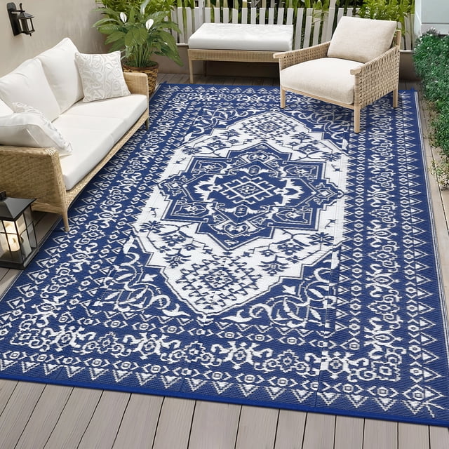 HOMERRY 8' x 10' Navy White GeometricFloral Outdoor Rug Straw Plastic Area Rug for Balcony Pool RV Waterproof Reversible Carpet