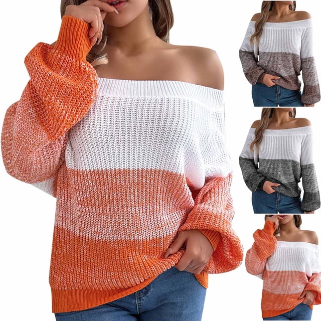 Sentmoon Fall Outfits Round Neck Color Block Women's Long Sleeve Tops Oversized Knitted Lightweight and Warm Loose Womens Fall Clothes Active Fall and Winter for Weekend Brunch Outfit