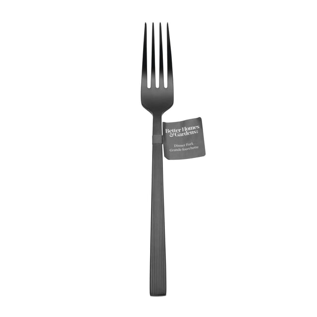 BHG River Black Satin Dinner Fork made of stainless steel with a matte black satin finish, featuring four long tines and a textured ergonomic handle, labeled Better Homes & Gardens, dishwasher safe and suitable for everyday dining or special occasions.