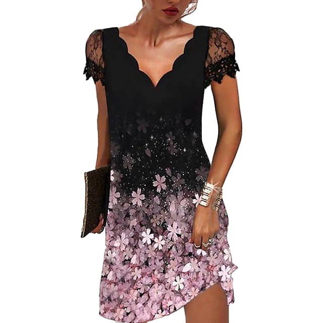 fastboy Robe Courte à Manches Courtes Imprimée Col en V pour Femmes Robe Décontractée Soirée École Fiançailles Été Mariage Anniversaire Vêtements Rose TG