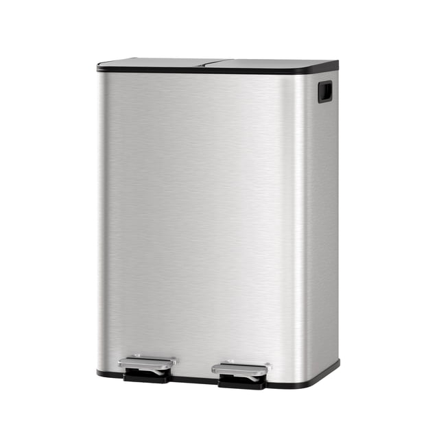 Garvee Dual Compartment Kitchen Trash Can Stainless Steel - Step-On Double Garbage & Recycling Bin - Soft-Close Lid, Removable Buckets, Hands-Free - Silver, 2x30L