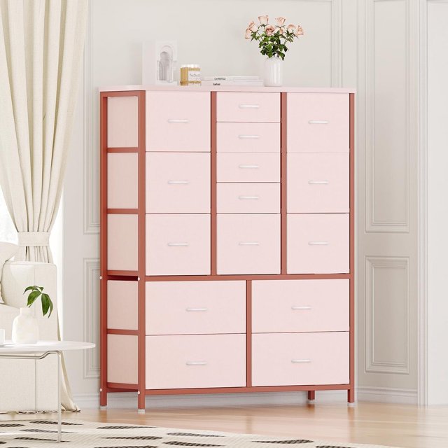 15-Drawer Tall Dresser, Metal Frame & Wood Top, Fabric Drawers for Storage