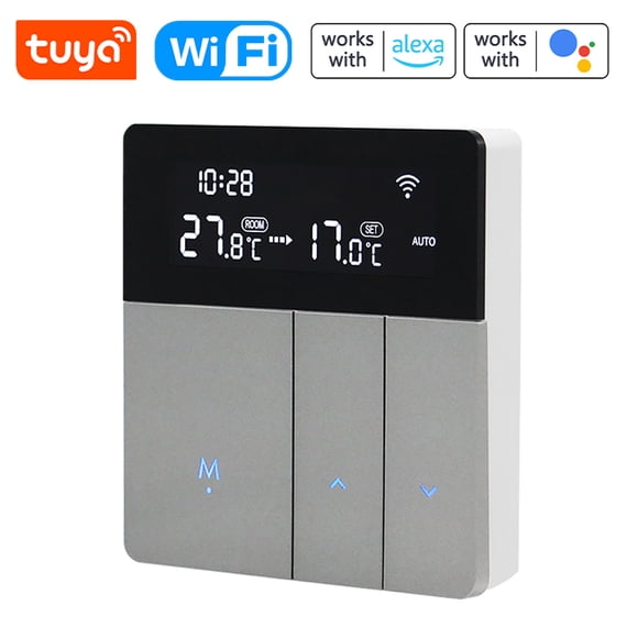 i8HGC Tuya WiFi Smart Thermostat with automatic backlight brightness adjustment in home/away modes, remote control via mobile app, and voice control compatible with Alexa and Google Home.