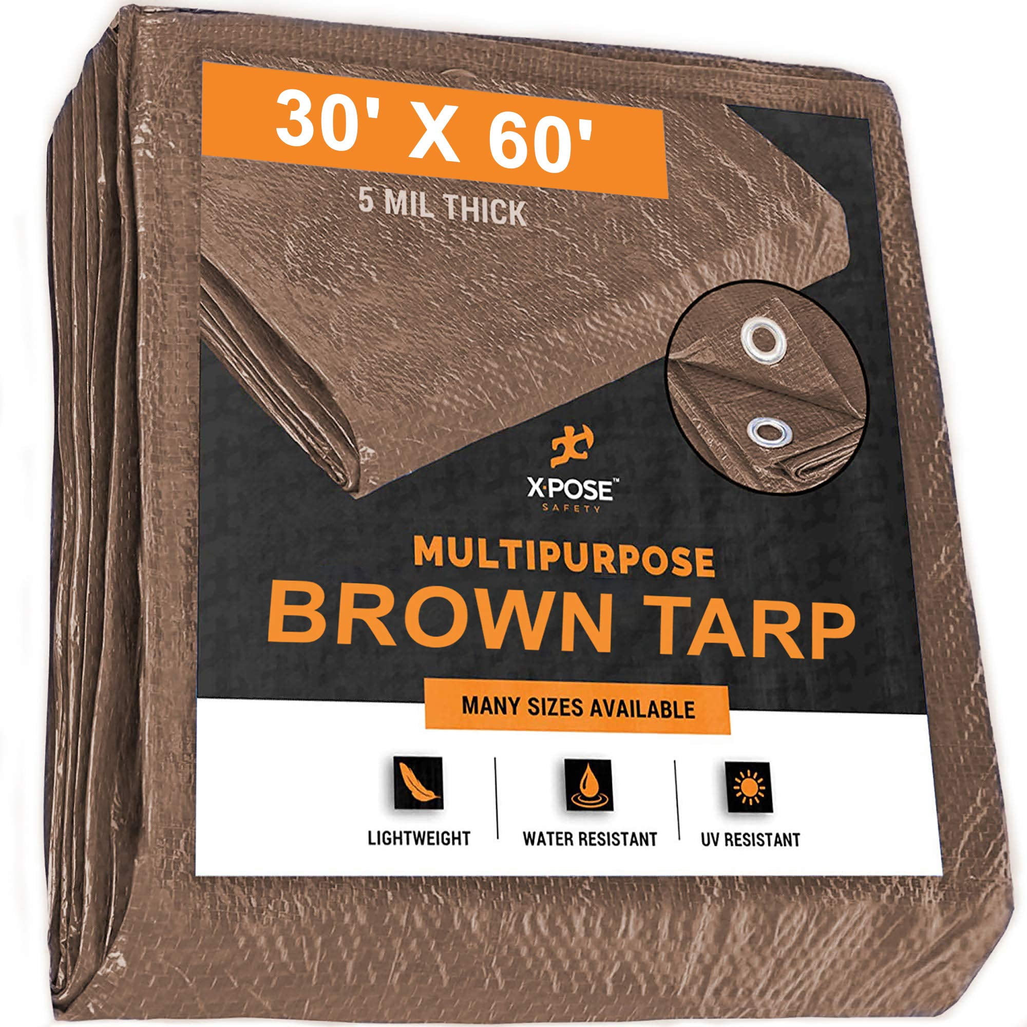 Bâche de Protection Polyvalente en Polyéthylène Brun 30 x 60 - Durable, Résistante à l'Eau, Résistante aux Intempéries - Polyéthylène de 5 Mil d'Épaisseur - par Xpose Safety
