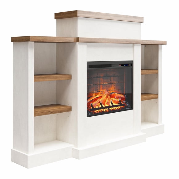 Ameriwood Home Gateswood Electric Fireplace with Mantel and Bookcase, Plaster and Walnut