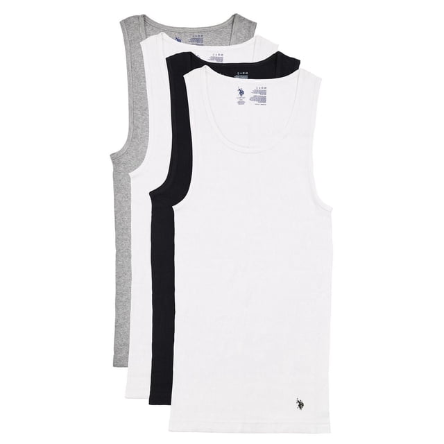 U.S. POLO ASSN. 4 Pack Classic Tanks with four men's sleeveless tank tops in white, black, and grey, made from soft cotton fabric with tag-free comfort and a small USPA logo near the hem, suitable for casual wear or layering.