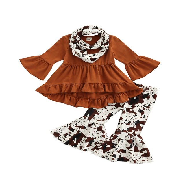MesaSe Toddler Baby Girls Spring Princess Flare Pants Set O-Neck Ruffles Tops + Bell Bottom Pants Headband