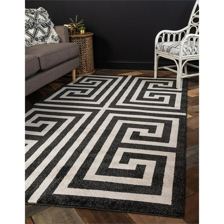 Tapis de Zone de Conception de Bordure Géométrique Moderne, 5 x 8 Pieds, Noir/beige
