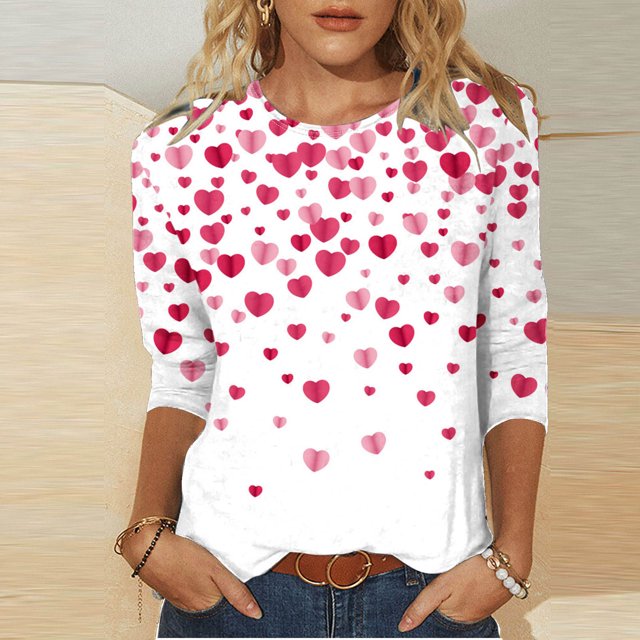 Meichang Valentines Day Chemises pour Femmes Hauts Mignons T-Shirts Graphiques Cœur Manches 3/4 Col Rond Hauts Mignons Coupe Ample T-Shirts de Vacances Valentines Day