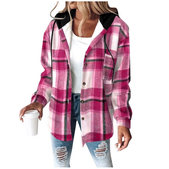 aohooy Womens Lightweight Buffalo Plaid Jacket 2025 Flannel Hoodies Long Sleeve Button Down Shacket Fleece Lined Hooded Jackets Coat Hot Pink,M
