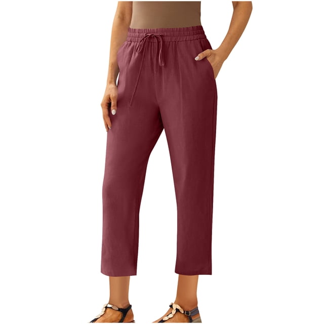 Yuyuzo Plus Size Cotton Linen Capri Pants for Women Drawstring High Waisted Summer Cropped Trousers