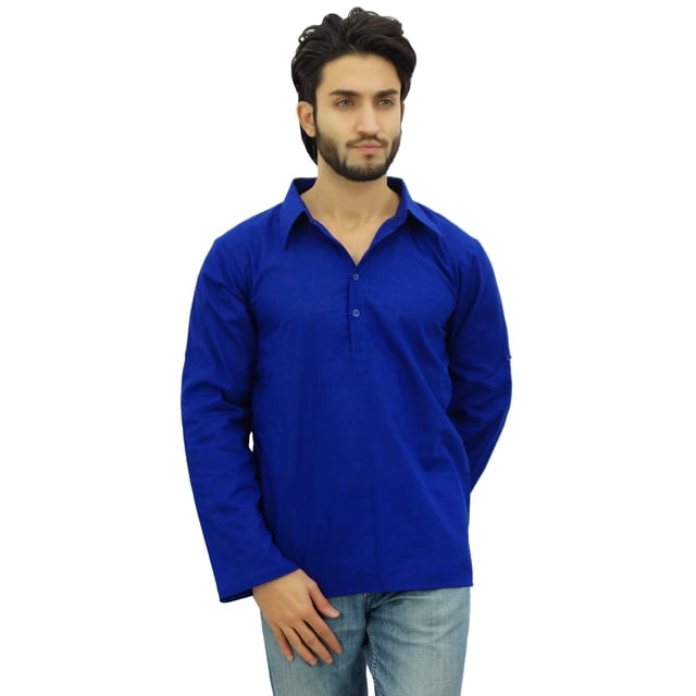 Atasi Kurta pour Homme, Chemise Bleue à Col Rabattable, Vêtement Ethnique Indien - Grand