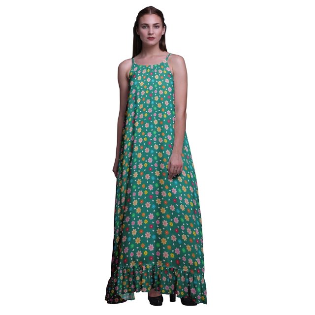 Bimba Robe de Nuit Longue à Bretelles Spaghetti pour Femmes, Bleu Sarcelle, à Pois/cœur et Imprimés Artistiques, Robe Maxi de Sommeil, X-Small