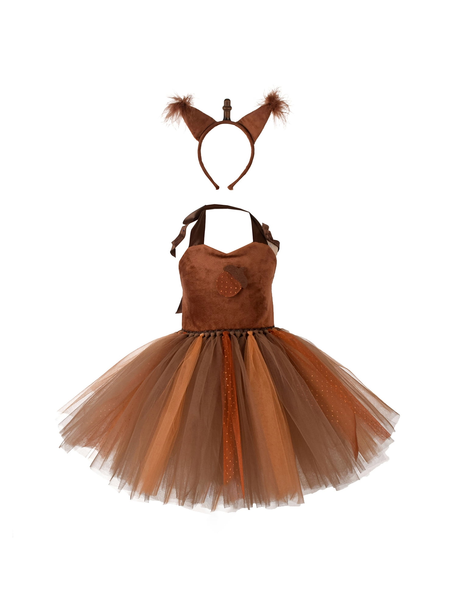 Diconna Noël Enfant Fille Squirrel Costume, Robe Sans Manches en Tulle Patchwork + Bandeau + Queue Vêtements de Cosplay