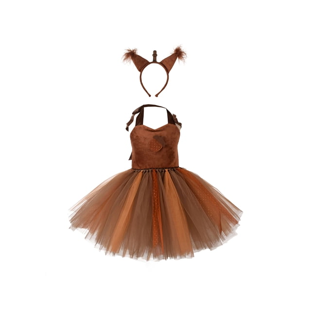 Diconna Noël Enfant Fille Squirrel Costume, Robe Sans Manches en Tulle Patchwork + Bandeau + Queue Vêtements de Cosplay