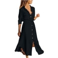 thumbnail image 2 of LOVZFMLL Women's Solid Color Breasted Lapel Drawstring Shirt Dress Linen Dress Black S, 2 of 9
