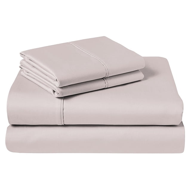Cotton Bed Sheet Sets, 300 Thread Count, Johnson Home Fashions featuring a neatly folded stack of light beige cotton sheets with double-stitched seams and sateen weave, designed for breathable all-season comfort and deep fitted pockets, often used as lightweight travel or picnic blankets.