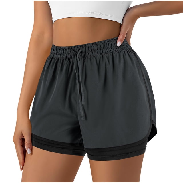 Plebaso Women's 2 in 1 Running Shorts Elastic Waist Drawstring Athletic Shorts Lightweight Workout Shorts
