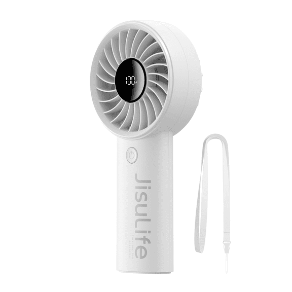 JISULIFE Handheld Fan - 5-Speed LED Display & 5000mAh Battery, USB-C Rechargeable with Lanyard, Compact Cooling for Travel/Beach/Makeup