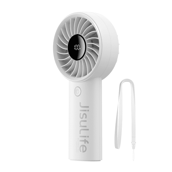 JISULIFE Ventilateur Portatif - Écran LED à 5 Vitesses et Batterie de 5000 mAh, USB-C Rechargeable avec Cordon, Refroidissement Compact pour Voyage/plage/maquillage