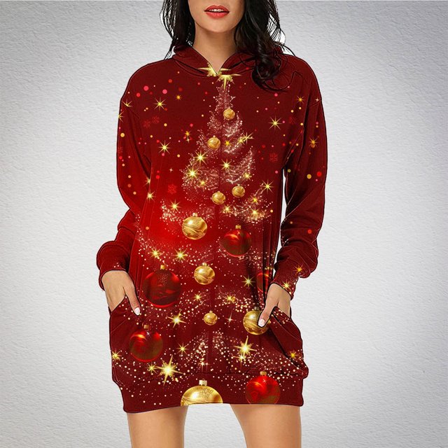 TIMIFIS Robe de Noël Moche pour Femmes Robe de Vacances à Manches Longues Père Noël Flocon de Neige Graphique Midi Robe Chandail Automne Hiver avec Poches